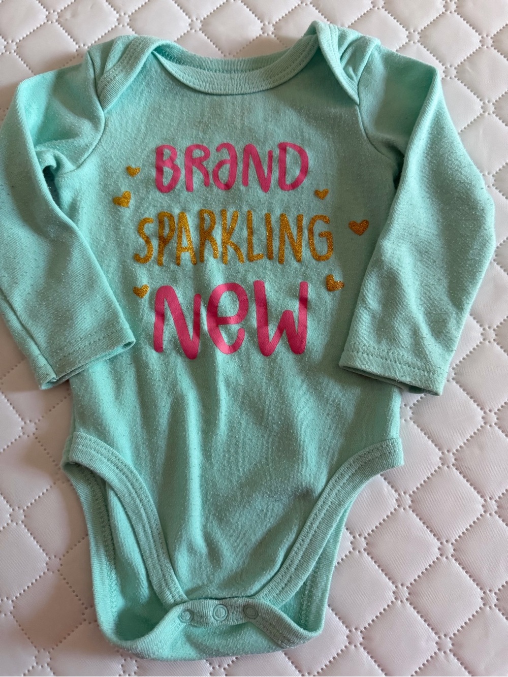 Swiggles Mint Long-Sleeve One-Piece Bodysuit with Pink & Gold Lettering. Size 6-